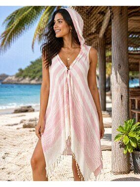 Ozman Giyim Pink White Striped Hooded Cover Up Dress Boho Beach OS